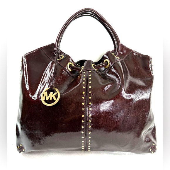 Michael Kors Handbags - Michael Kors Brown Patent Leather Studded Large Shoulder Bag Satchel Ring A0806